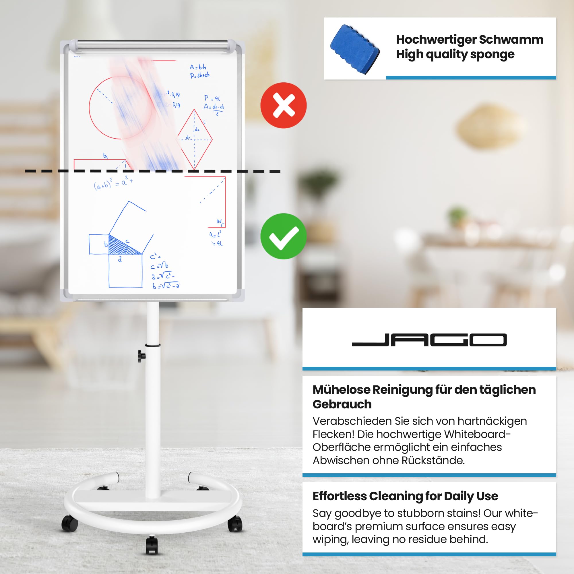 Jago® Lavagna a Fogli Mobili - con Ruote, Base Rotonda, 60 x 90 cm, Altezza Regolabile, 2 Bracci Estensibili, con Magneti, 25 Fogli, Spugna - Lavagna Portablocco, Flipchart, Bacheca Magnetica
