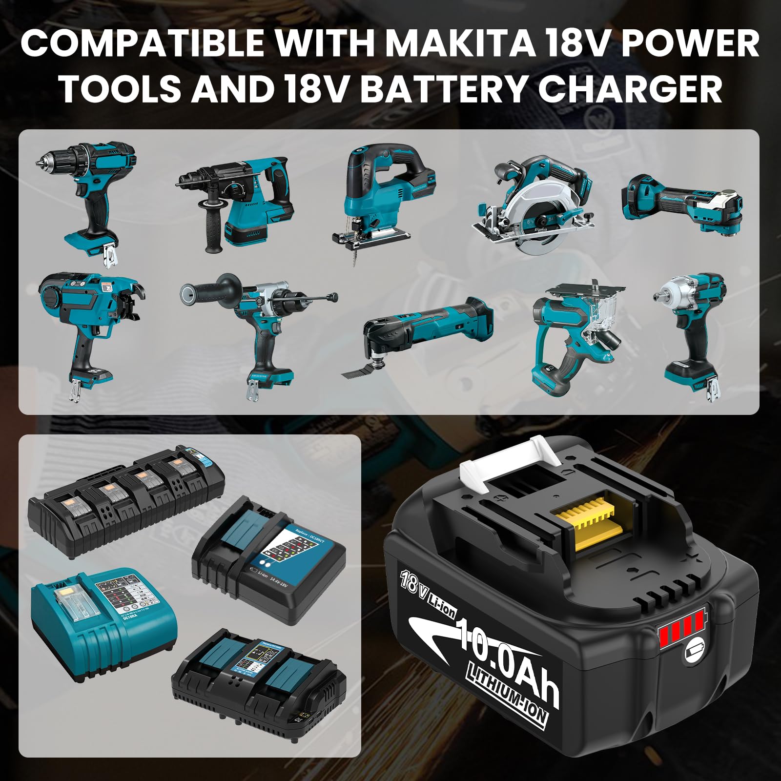 4Pack Batteries 18V 10Ah pour Makita & 6A Double Chargeur DC18RD14.4-18V