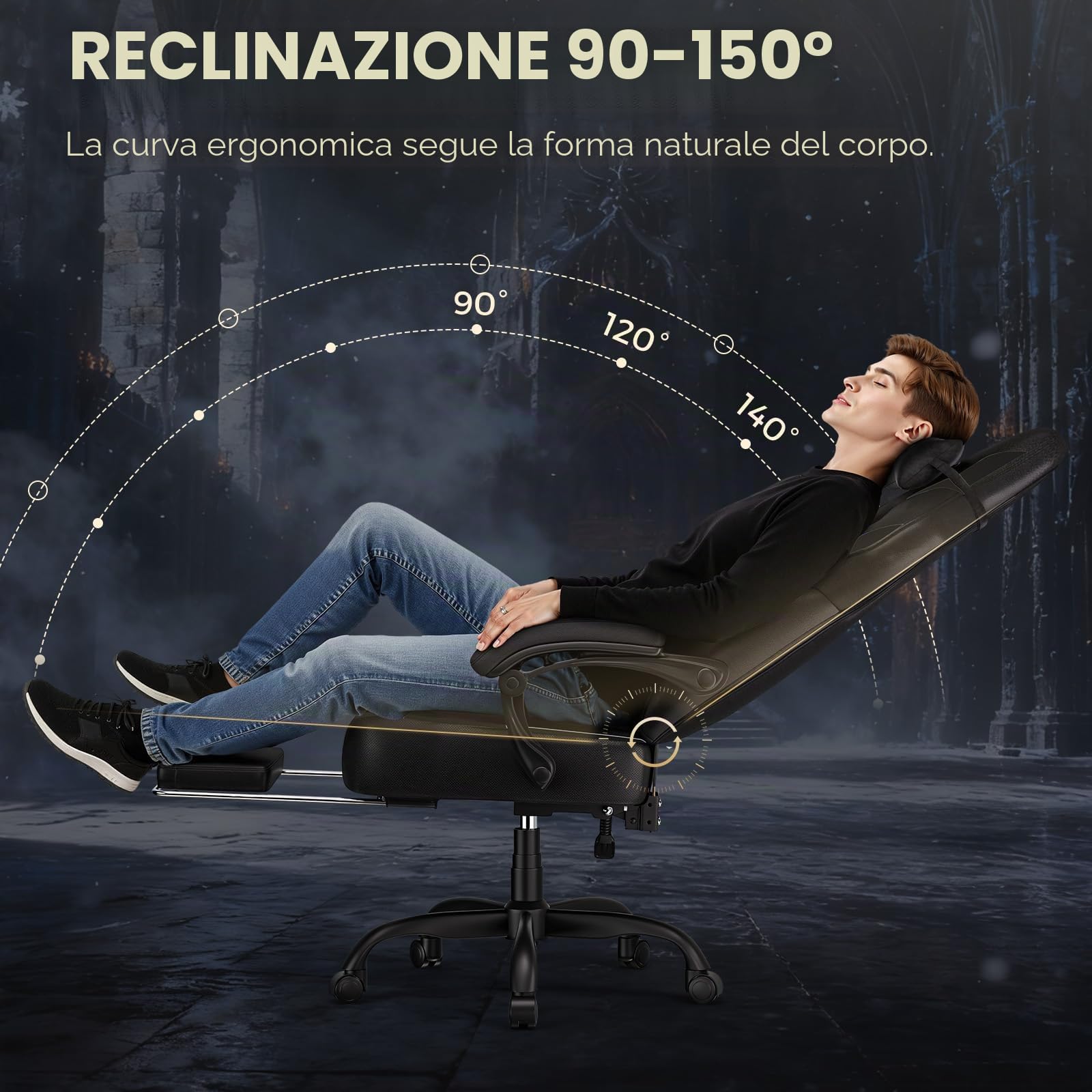 GTPLAYER Sedia da gaming, con poggiapiedi, cuscino lombare, poggiatesta, regolabile in altezza, braccioli regolabili con poggiapiedi, 200 kg, girevole, colore nero