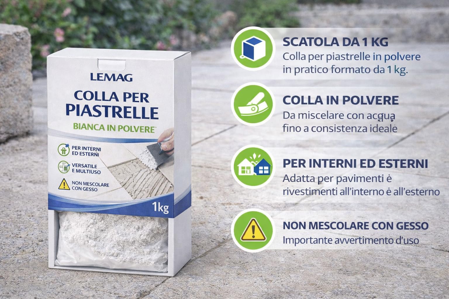 Colla per Piastrelle Bianca in Polvere 1 Kg – Alta Adesione – Per Pavimenti e Rivestimenti Interni ed Esterni – Lemag srl