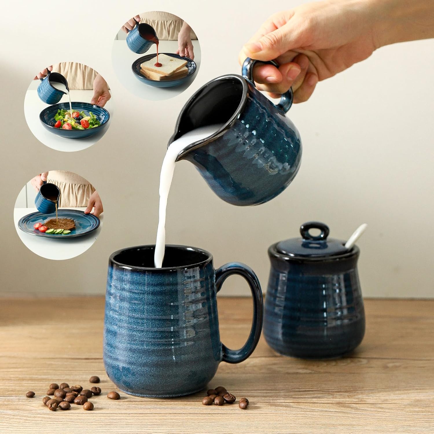 Ceramic Sugar and Creamer Container Set of 3,10 Ounce Cream Pitcher,11 Ounce Sugar Bowl with Lid and Spoon,Farmhouse Coffee Bar Accessories Set for Serving,Microwave & Dishwasher Safe,Blue
