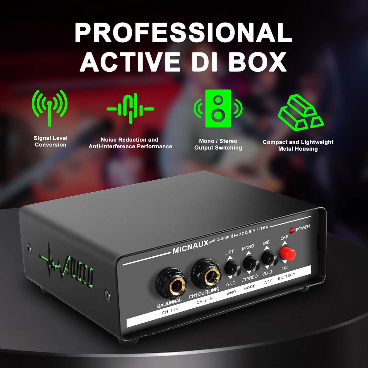 Active Stereo DI Box with Phantom Power Support, Ground Lift and -20dB Pad, High-Impedance to Balanced XLR Converter for Stage, Studio & Home Audio