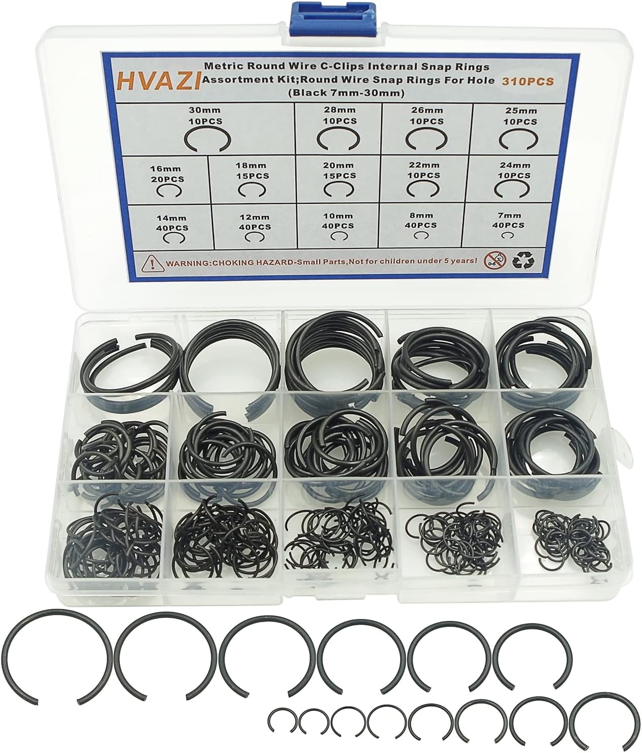 310PCS 14-Sizes Round Wire C-Clips Internal Snap Rings Assortment Kit;Round Wire Snap Rings for Hole(Black 7mm-30mm)