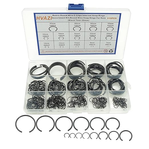 310PCS 14-Sizes Round Wire C-Clips Internal Snap Rings Assortment Kit;Round Wire Snap Rings for Hole(Black 7mm-30mm)