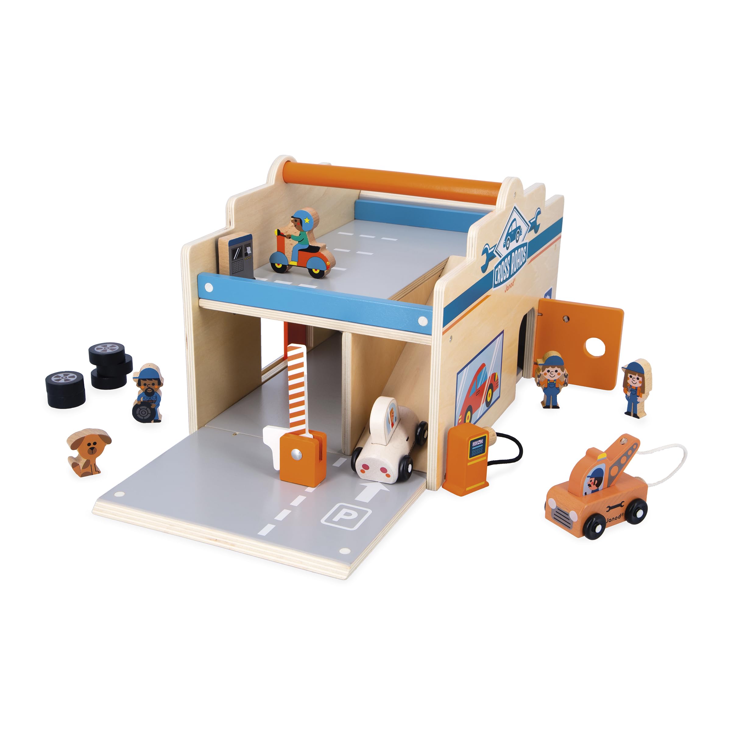 Janod - Mon Premier Garage Voitures en Bois Enfant 2 Ans et Plus - 2 Niveaux, Atelier Mécanique + Lavage Auto - 15 Accessoires Inclus - Dès 2 Ans