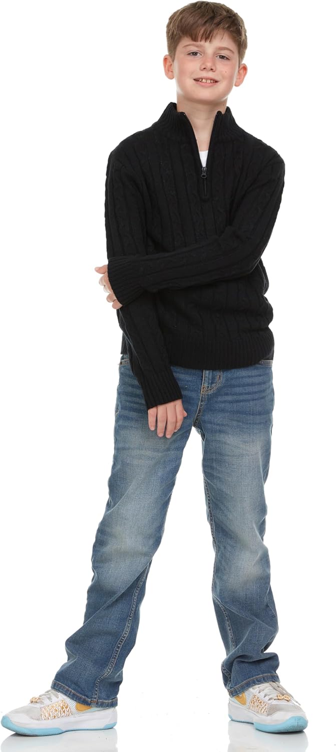 Boys Quarter Zip Cable Knit Sweater – Classic Warm Pullover for Kids. Black, Navy, Red - Image 5