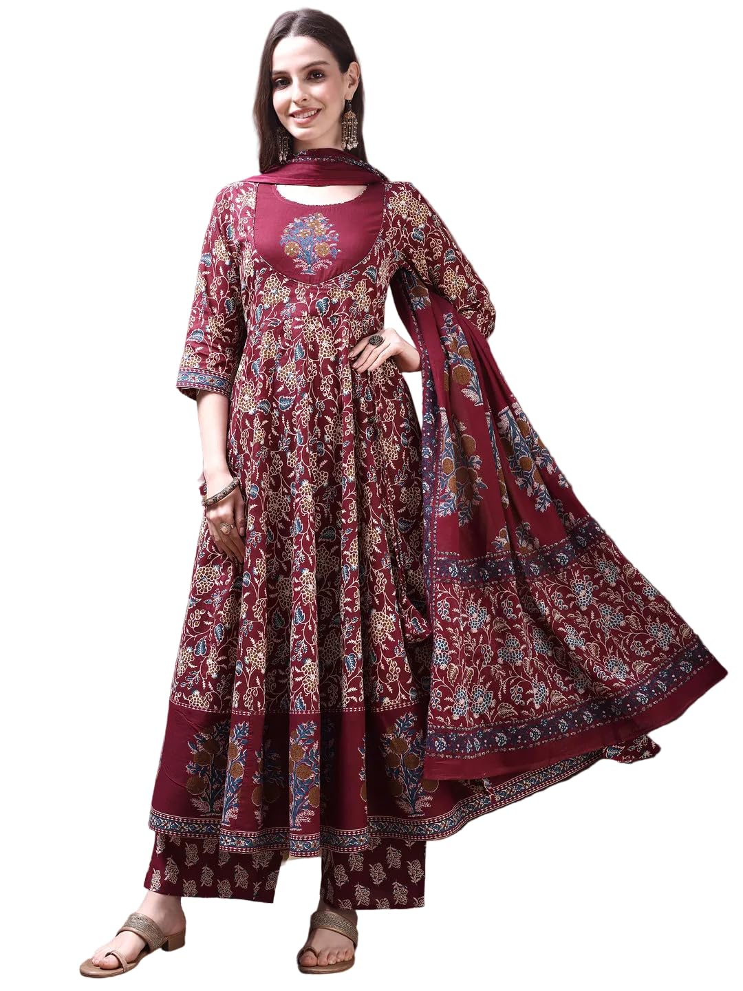Embroidered & Floral Printed Anarkali Kurta with Pant & Dupatta-image-17