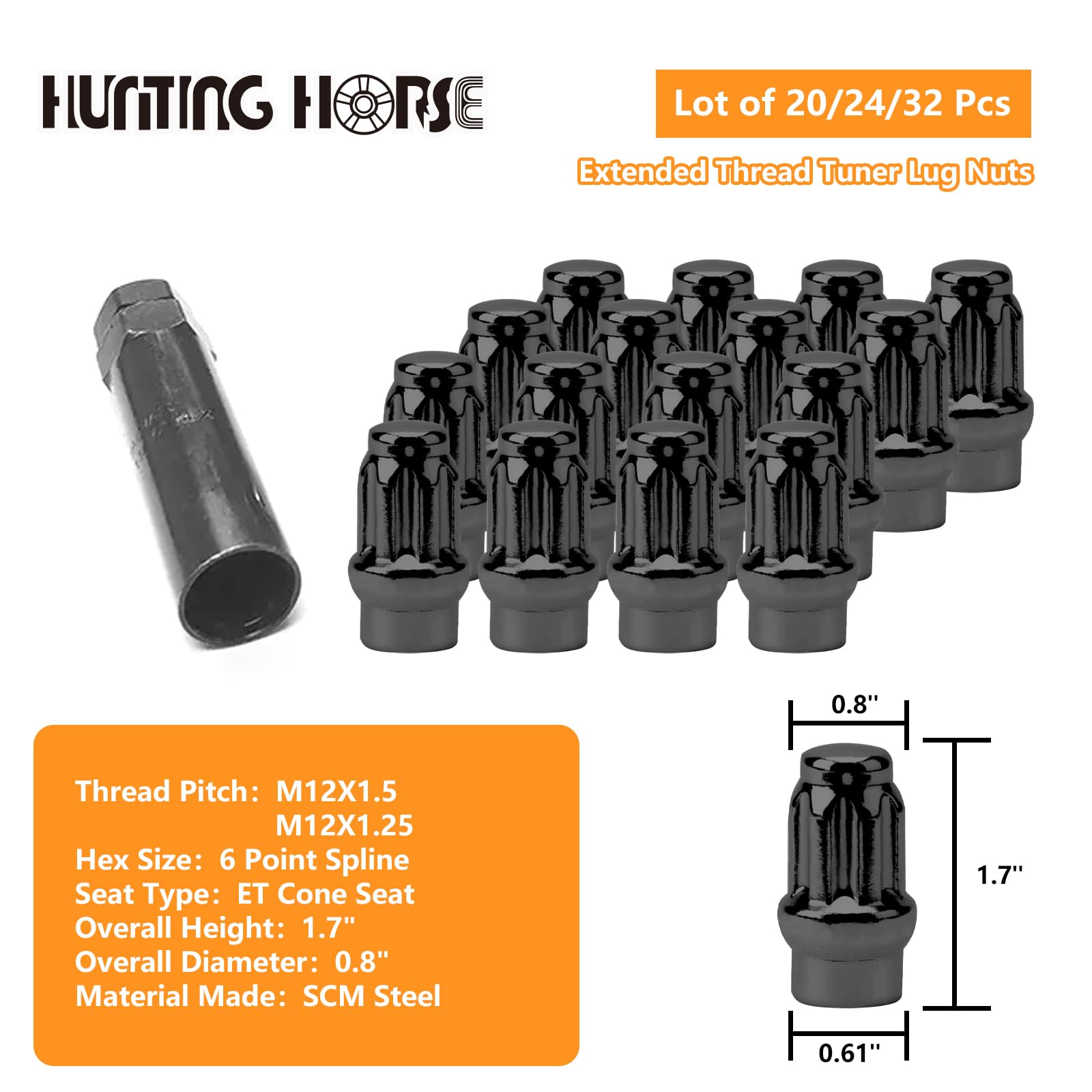 Tusk 16pc Black M10x1.25 ET Extended Thread Beveled Tapered Lug Nuts – 4pc Sets For Front/rear