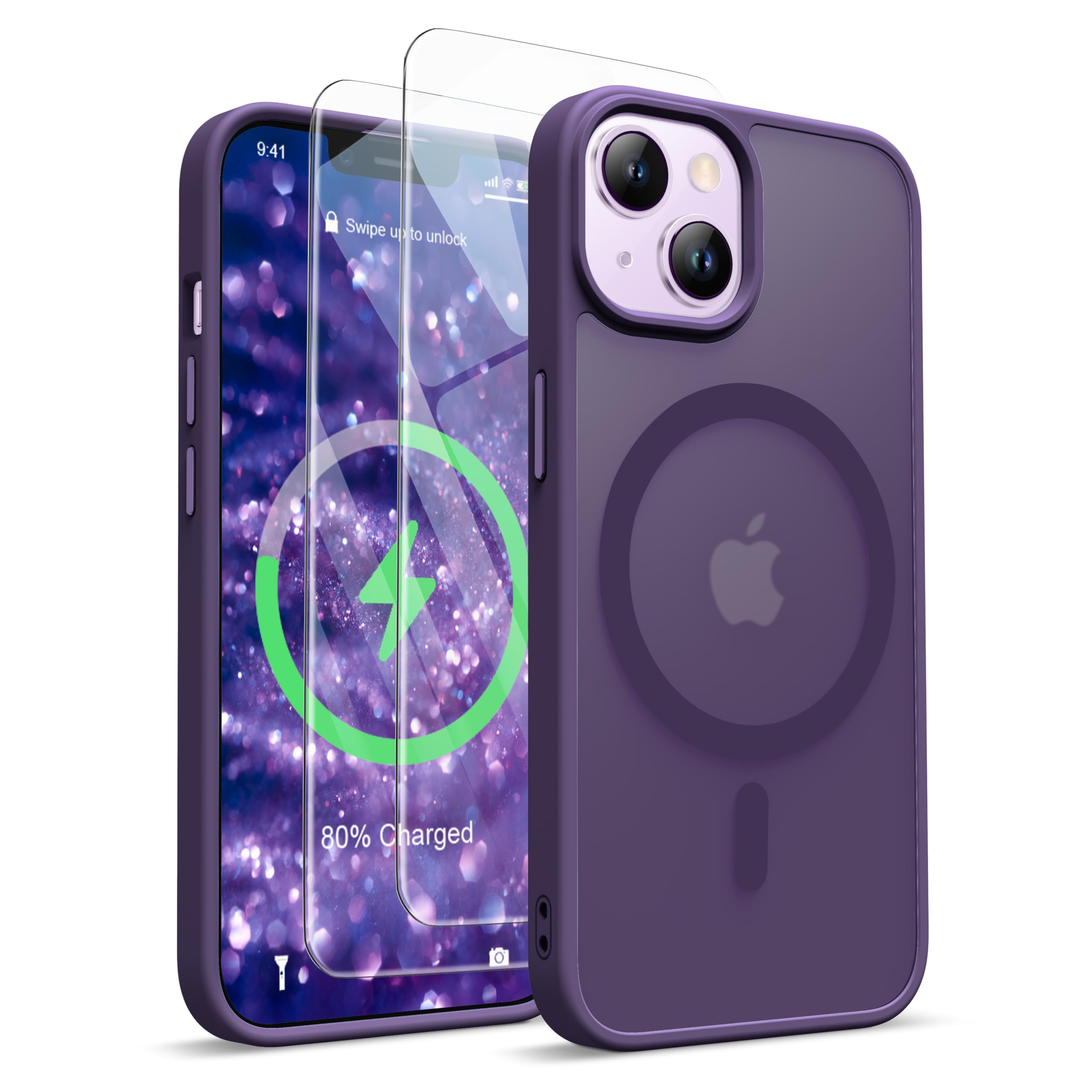 ORETECH Magnetica Opaca Cover per iPhone 14,Custodia iPhone 13 con 2X Vetro Temperato per Cellulare Protettiva Antiurto Protezione Militare Custodia per iPhone 14/13-Viola Scuro