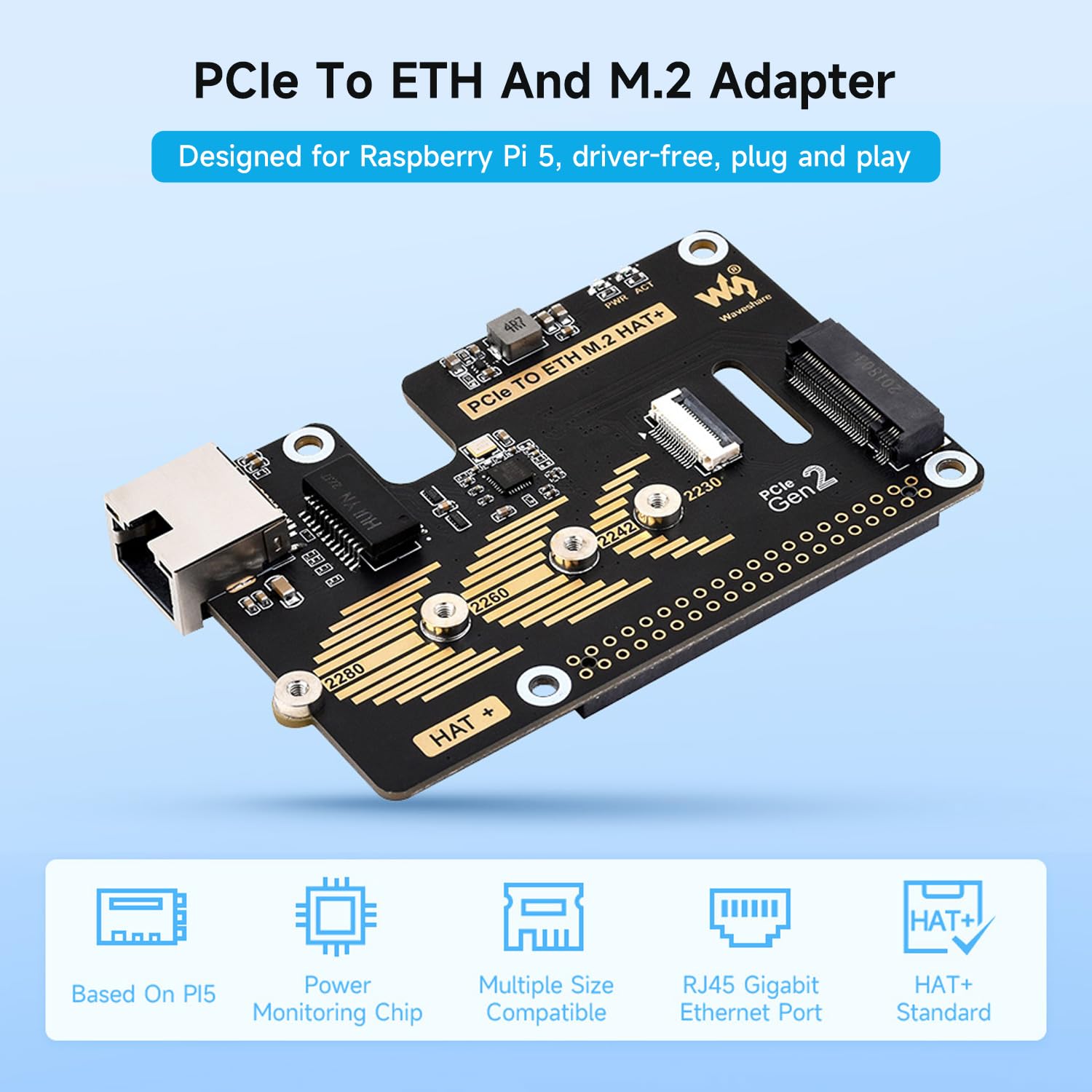Waveshare PCIe To ETH And M.2 Adapter For Raspberry Pi 5, Plug and Play, Compatible With 2280/2260 / 2242/2230 Size NVMe Protocol M2SSD, 5Gbps Data Rate, High-Speed Reading/Writing, Pi5 NVMe HAT