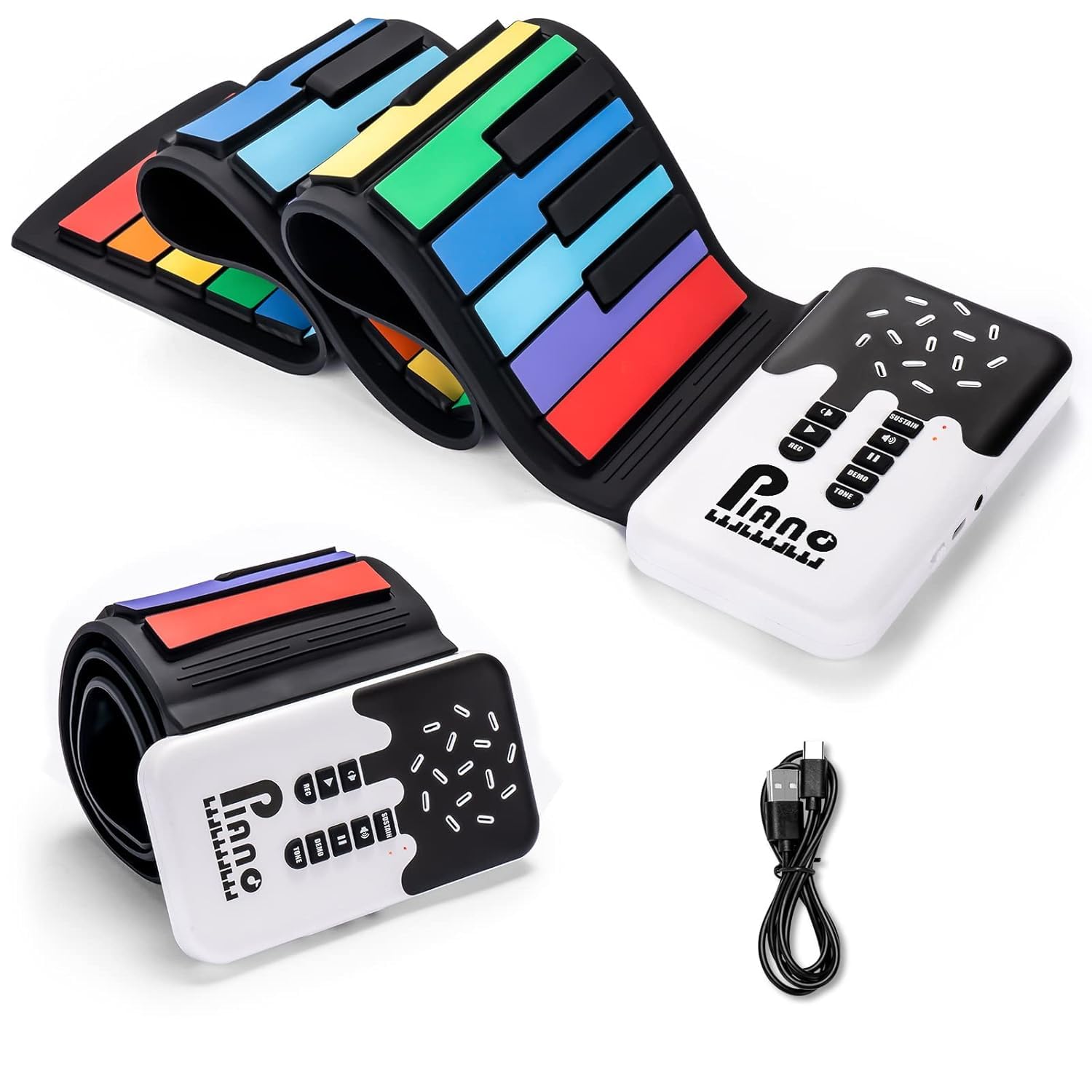 PERLMAN 49-Key Roll-Up Piano Keyboard - Portable Electric Rainbow Piano with 8 Tones & 6 Educational Demos, Foldable Rechargeable Digital Piano for Kids & Beginners-image-32