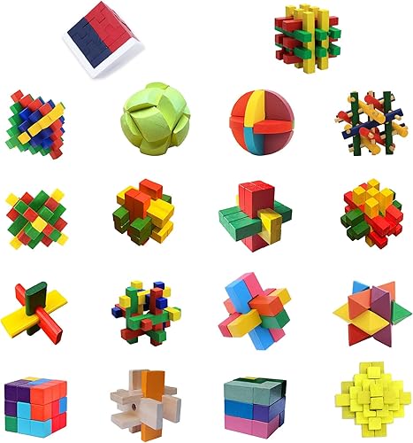 Ahyuan - Rompecabezas de madera para el cerebro con caja de embalaje de regalo, rompecabezas mágico, juguetes para niños y adultos (madera colorida)