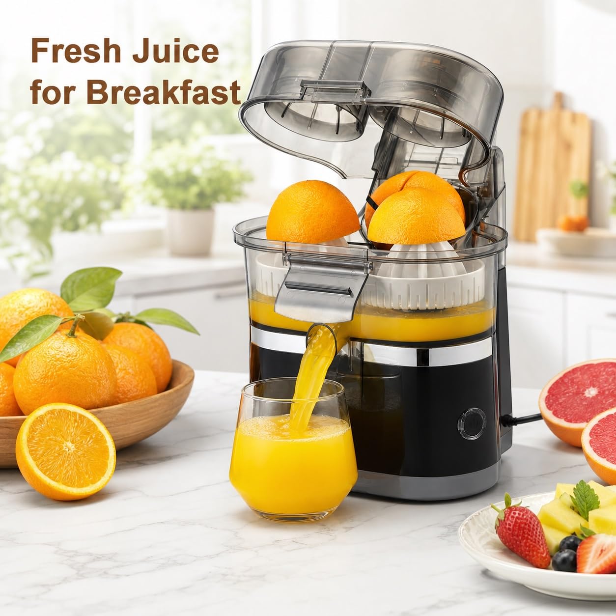 Exprimidor Eléctrico Doble de Cítricos, Prensa de Jugo de Naranja de 500 Ml | Acero Inoxidable, Desayunos Caseros, Prensa Doble, Cámara de 500 Ml, Tasa de Producción del 90 %, Piezas Aptas for Lavavajill