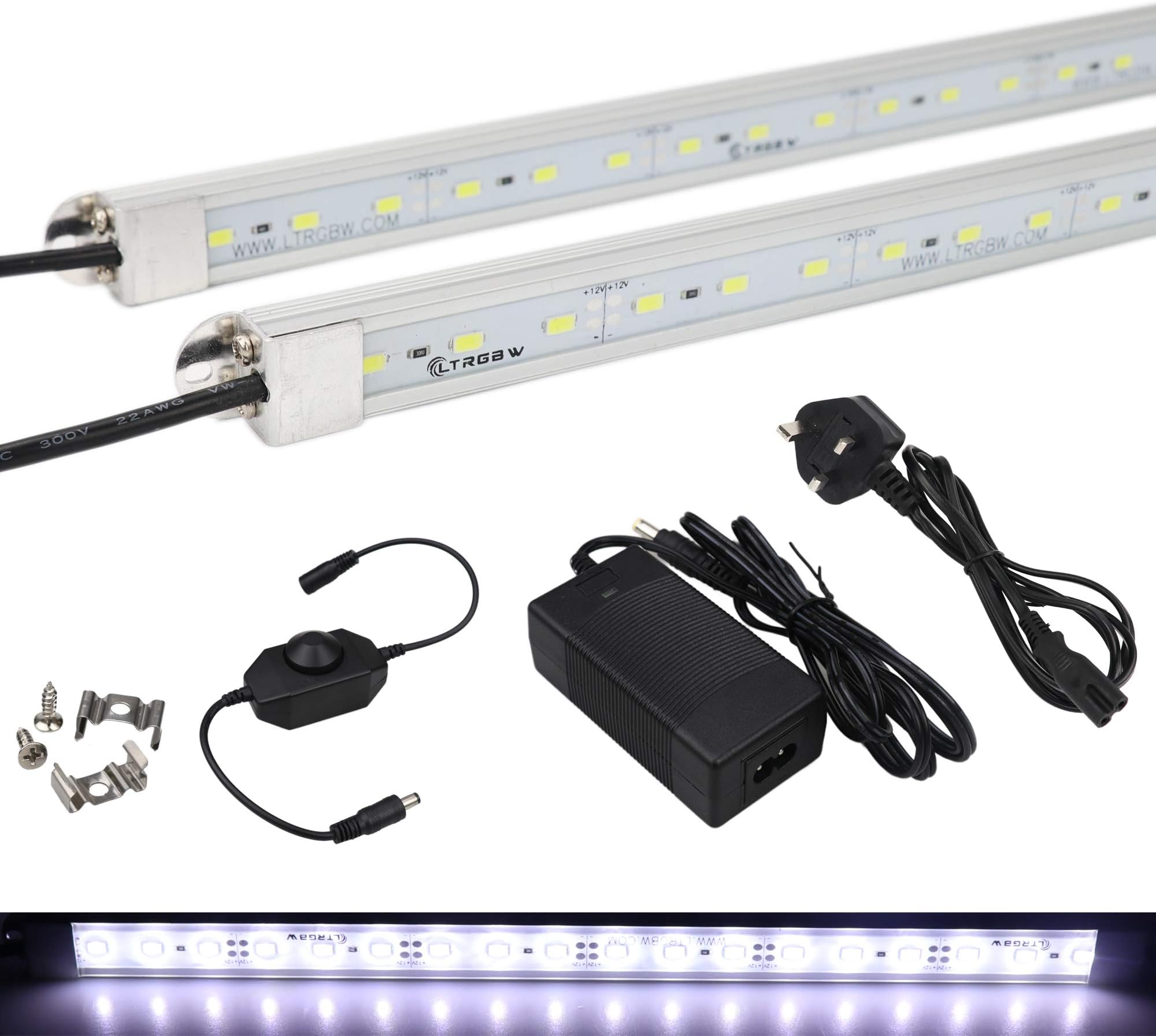 LTRGBW SMD 5730 DC 12V 18LEDs Cold White LED Aluminum Rigid LED Strip Light Bar Waterproof IP67 with 12V Power Supply, Dimmer(2-pack, 30cm)