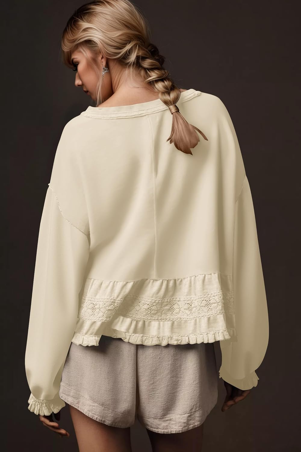 Women Lace Patchwork Sweatshirt Long Puff Sleeve Crew Neck Babydoll Tops Loose Fit Flowy Peplum Pullover Top - Image 2