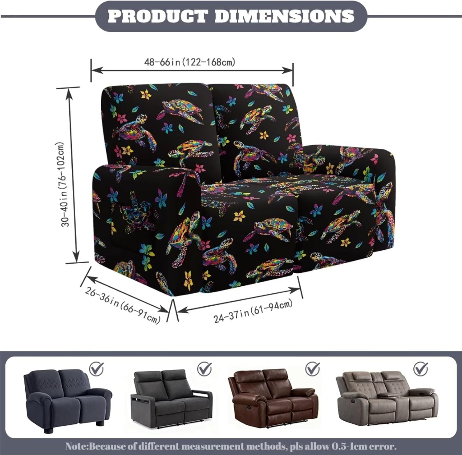 Sea Turtle Plumeria Floral Print Loveseat Recliner Covers Soft Reclining Loveseat Slipcover 6-Piece Stretch Polyester Recliner Cover for 2 Seat Sofa Couch