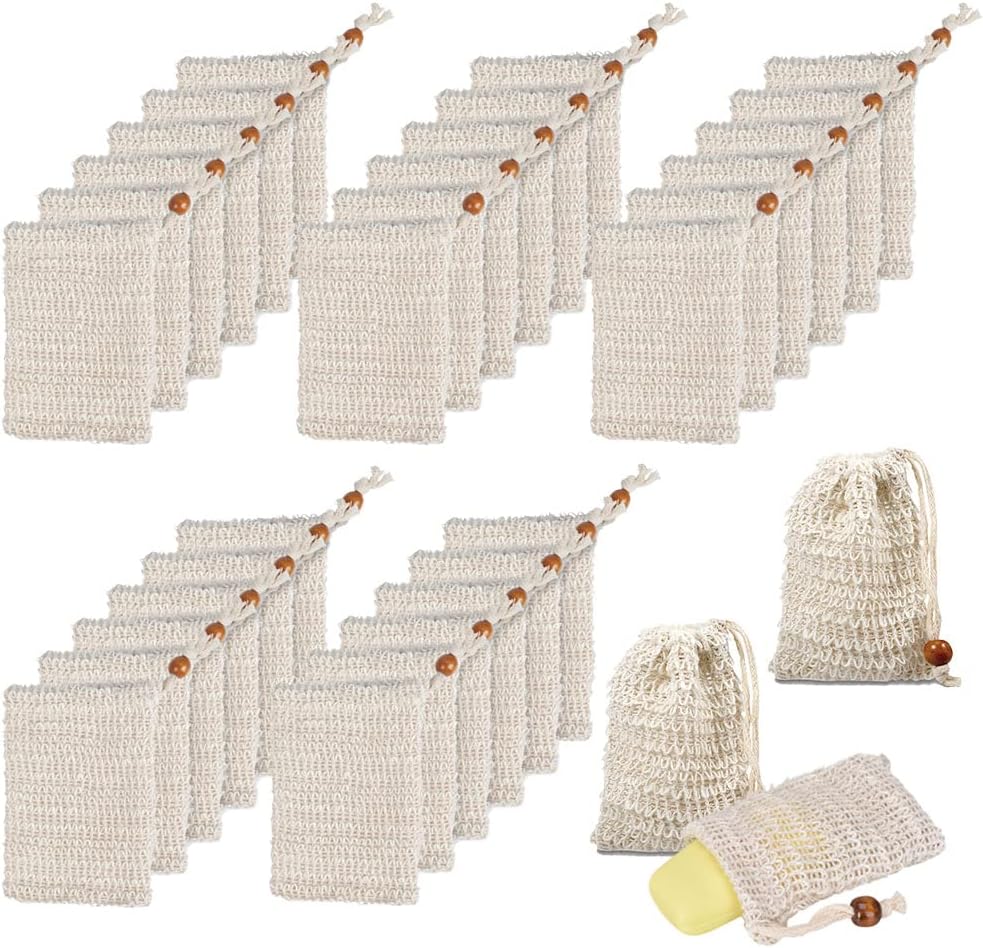 BUYGOO 40 paket sabun peelingi torbası sabun koruyucu doğal Ramie sabun torbası el yapımı sabun torbası ağ sabun torbası banyo ve duş kullanımı için büzme ipli