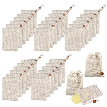 BUYGOO 40Pack Soap Saver Bag Exfoliating Sisal Soap Pouch with Drawstring Bar Wooden Bead Foaming and Drying Exfoliating Net for Bath and Shower