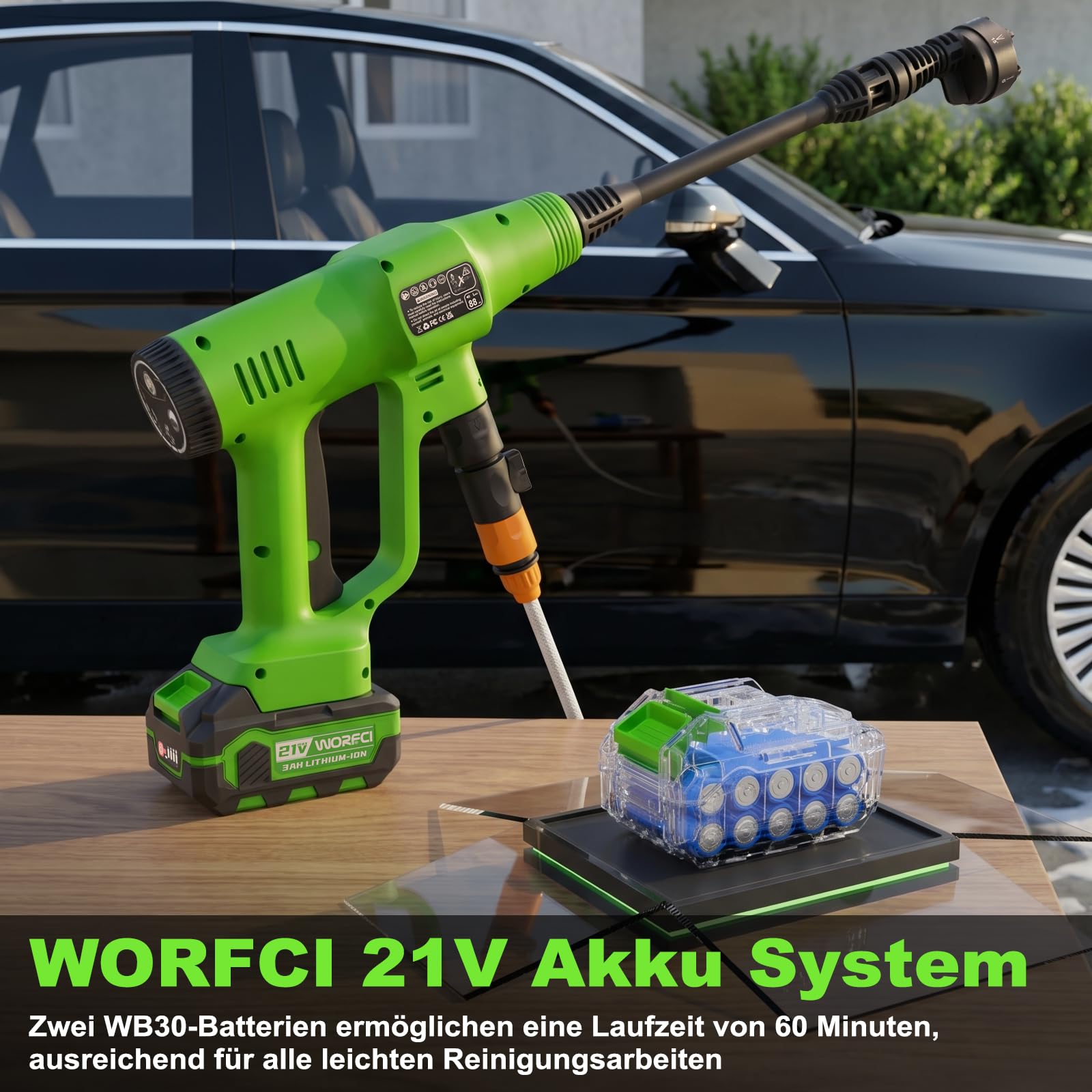Akku Hochdruckreiniger, Mobiler Druckreiniger mit 2 Akkus und Ladegerät, 6-in-1 Düse, 6M Schlauch Direktanschluss Wasserhahn und Flaschenanschluss für die Auto/Garten/Bewässerung