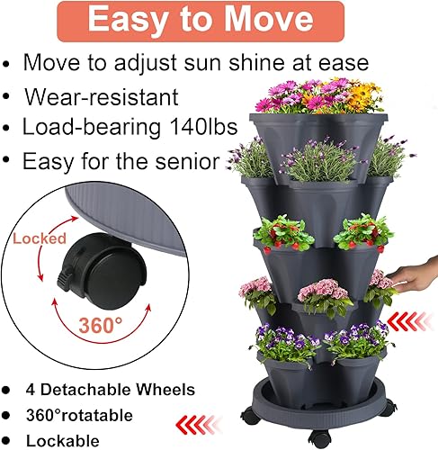 Miniatura 5 de Macetero vertical apilable de 5 niveles para jardín, torre de jardín, fresa, hierbas, flores y verduras, macetas de jardinería para interiores y