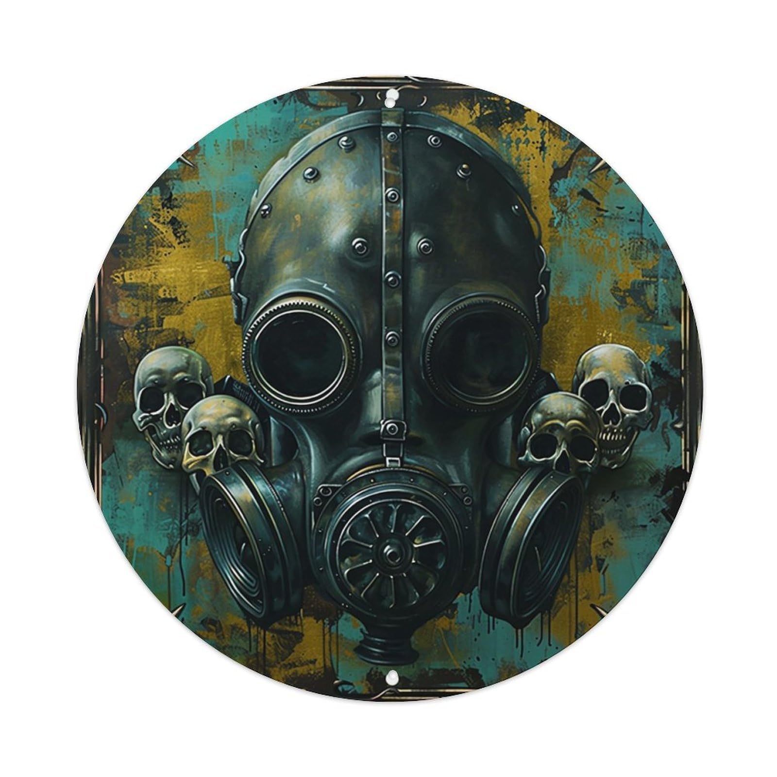 Gas Mask Skulls Rusty Background Art Round Metal Tin Sign Vintage Wall Decor, Bar Garage Cafe Kitchen Home Wall Art Poster 8x8inches