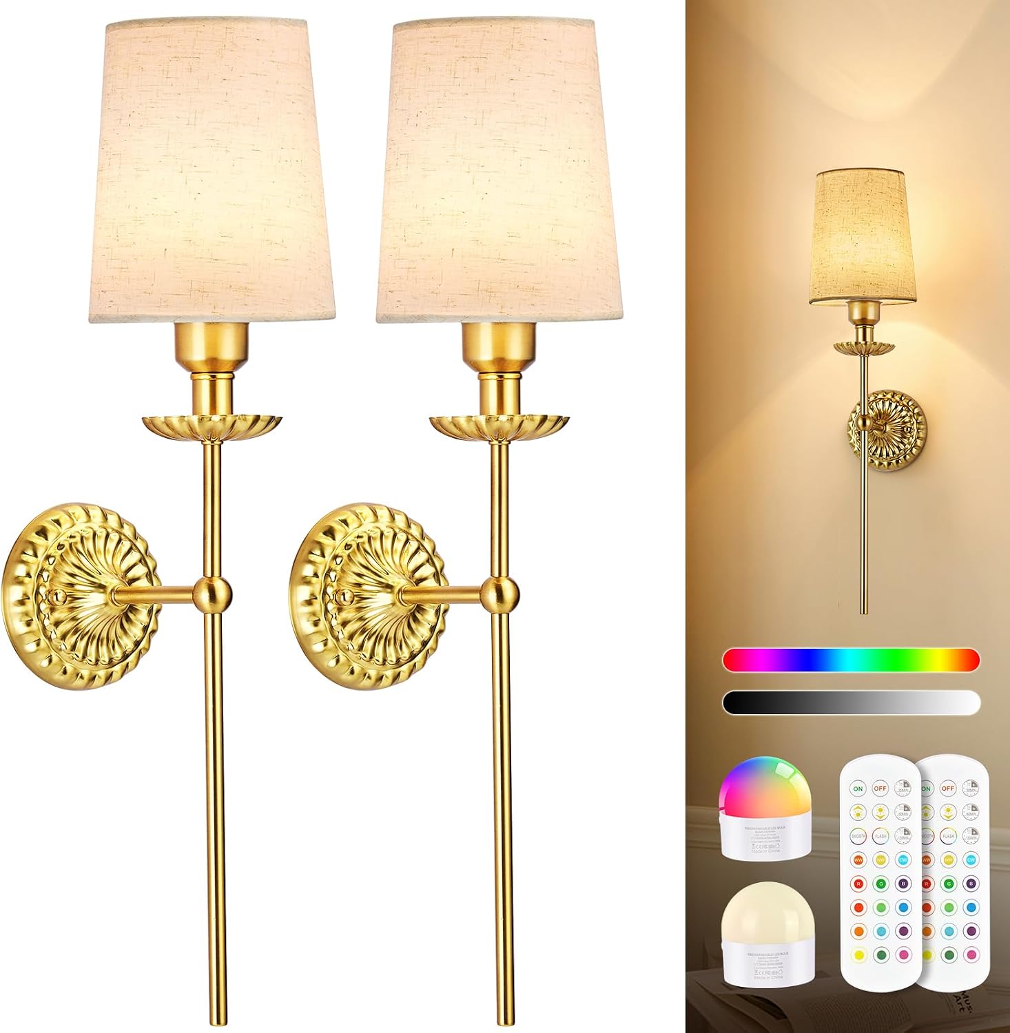 Battery Operated Wall Sconce Set of 2, Gold Wireless Wall Light