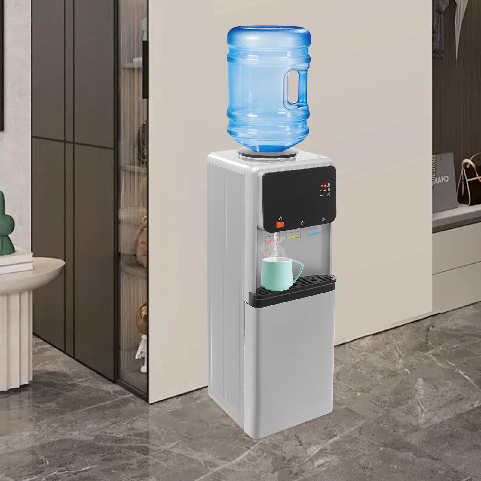 Wasserspender Bodenstehender, Trinkwasserspender für Haushalt, Bürobedarf, Elektrisch Heißwasserspender, 3 Temperatureinstellungen, Oben Beladener Wasserkühler In Flaschen