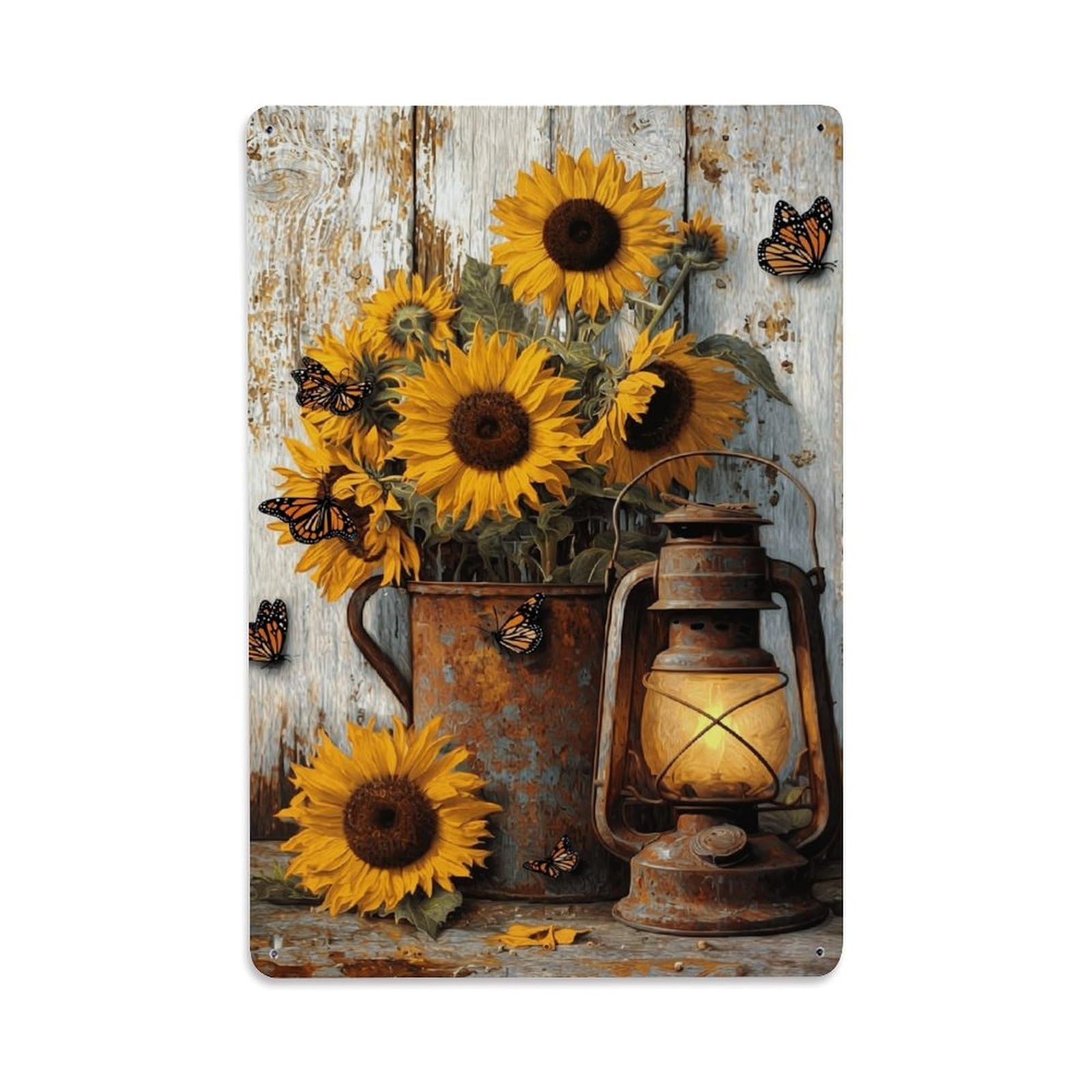 Nestemfo Vintage Sunflowers Butterflies Rustic Lantern Scene Tin Sign Metal Sign, Living Room,Bar, Home, Bedroom Wall Decor,Retro Metal Poster 8X12 Inches