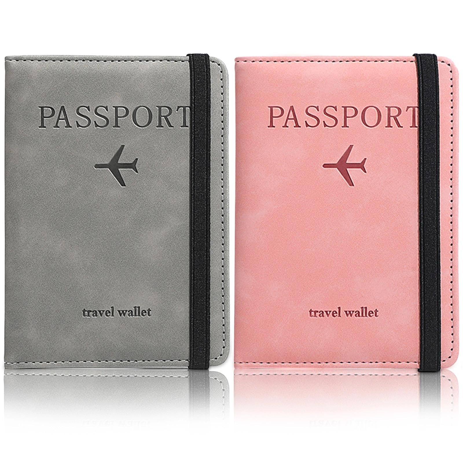 Lot de 2 Protege Passeport Pochette Passeport avec Blocage RFID Porte Passeport Etui Pochette Voyage PU Cuir Protection Cover pour Carte de CréDit, Carte Bancaire Argent (Rose, Gris)