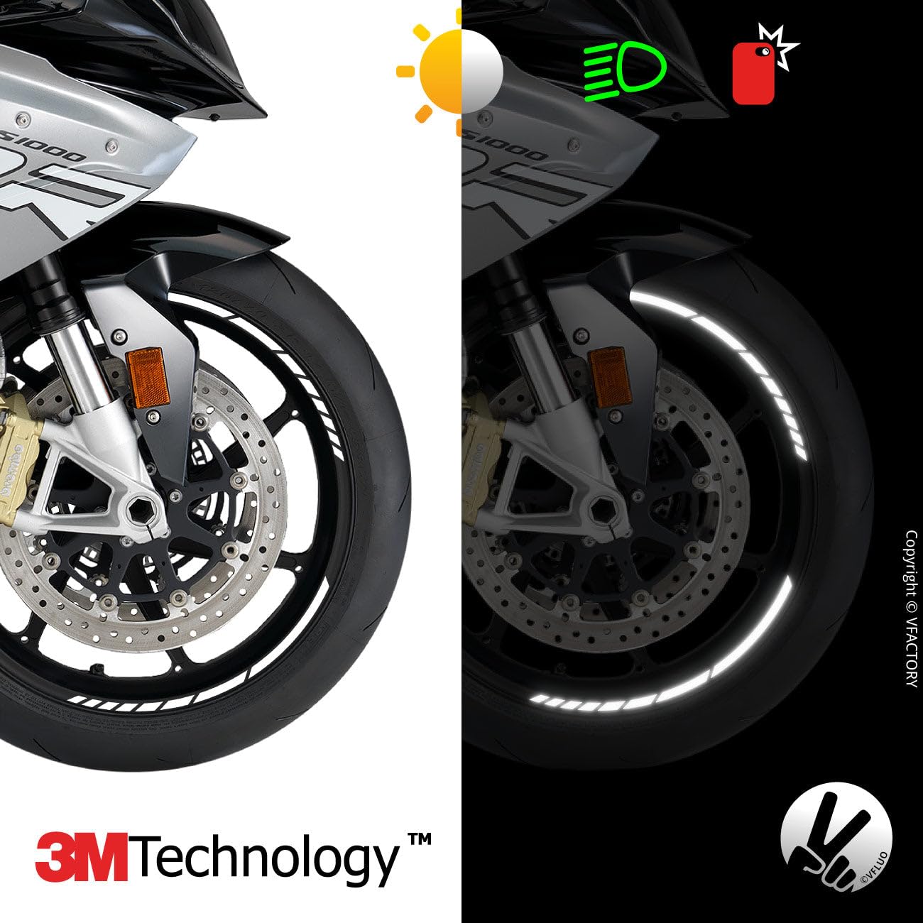 VFLUO - 2 x Kit Reflektierende Felgenrandaufkleber GP Motorrad, Aufkleber für 2 Räder 3M™-Technologie™, 360°-Kreis - Hohe Sichtbarkeit von der Seite – Diskret und Design – Einfache Installation
