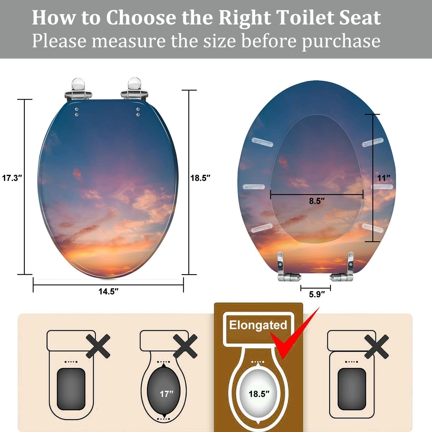 Elongated Toilet Seat Abstract nature Dramatic blue sky orange colorful sunset clouds time Resin Toilet Seat Quietly Close Quick Release Hinges with Cover Bumpers Decorative Easy to Install Clean