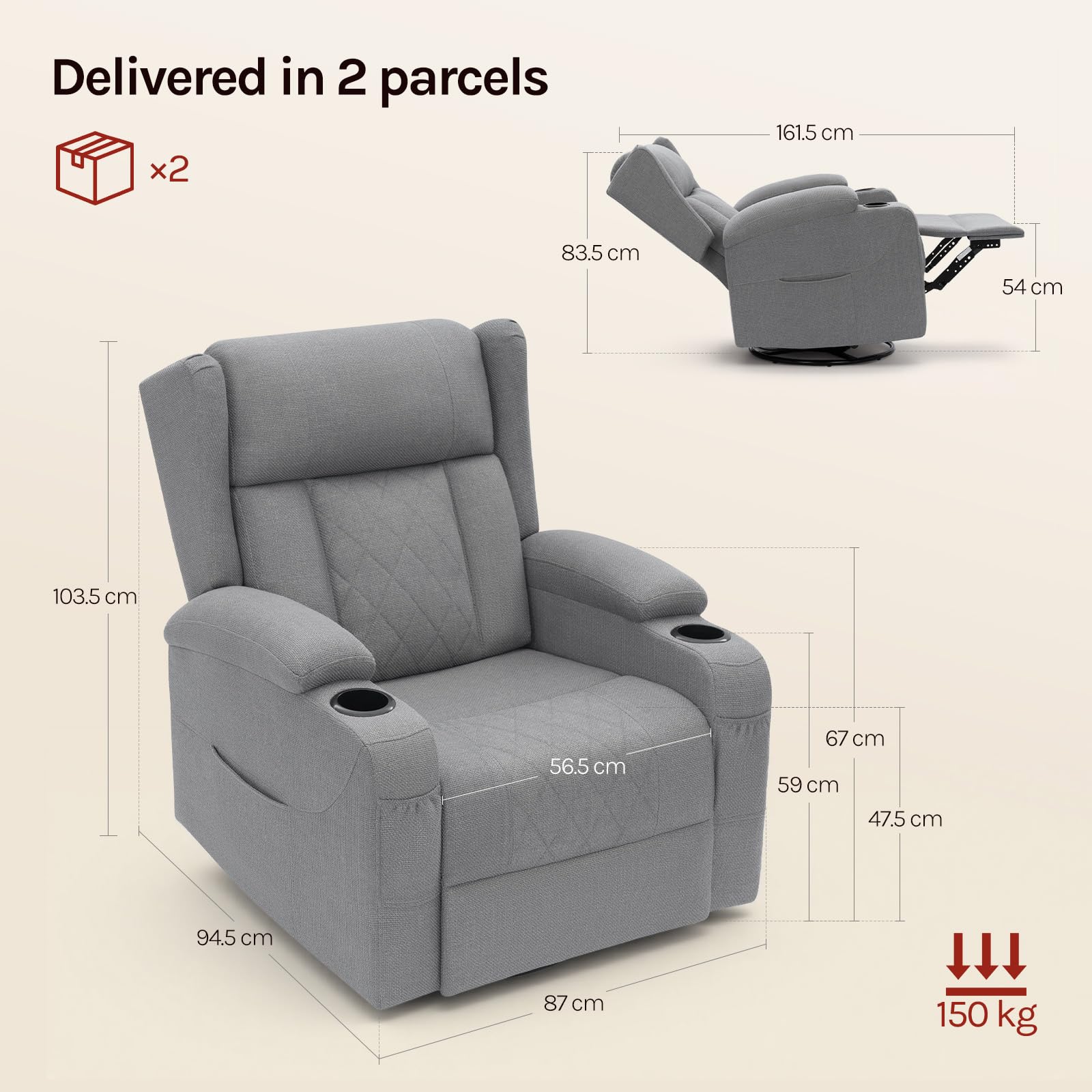 WOLTU Poltrona Relax con Schienale e Poggiapiedi Regolabili, Poltrona Girevole 360° con Funzione Dondolo, Tasche e Portabicchieri, per Soggiorno, Camera da Letto, Portata 150 kg, Effetto Lino, Grigio