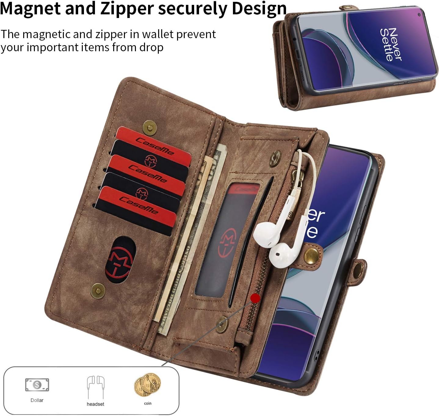 Simicoo OnePlus 9 Detachable Wallet Zipper Leather Case 11 Card Slots Holder OnePlus 9 Flip Detachable Magnetic case Handle Wrist Strap Shockproof Pocket Handbag for Man Woman (OnePlus 9, Brown)