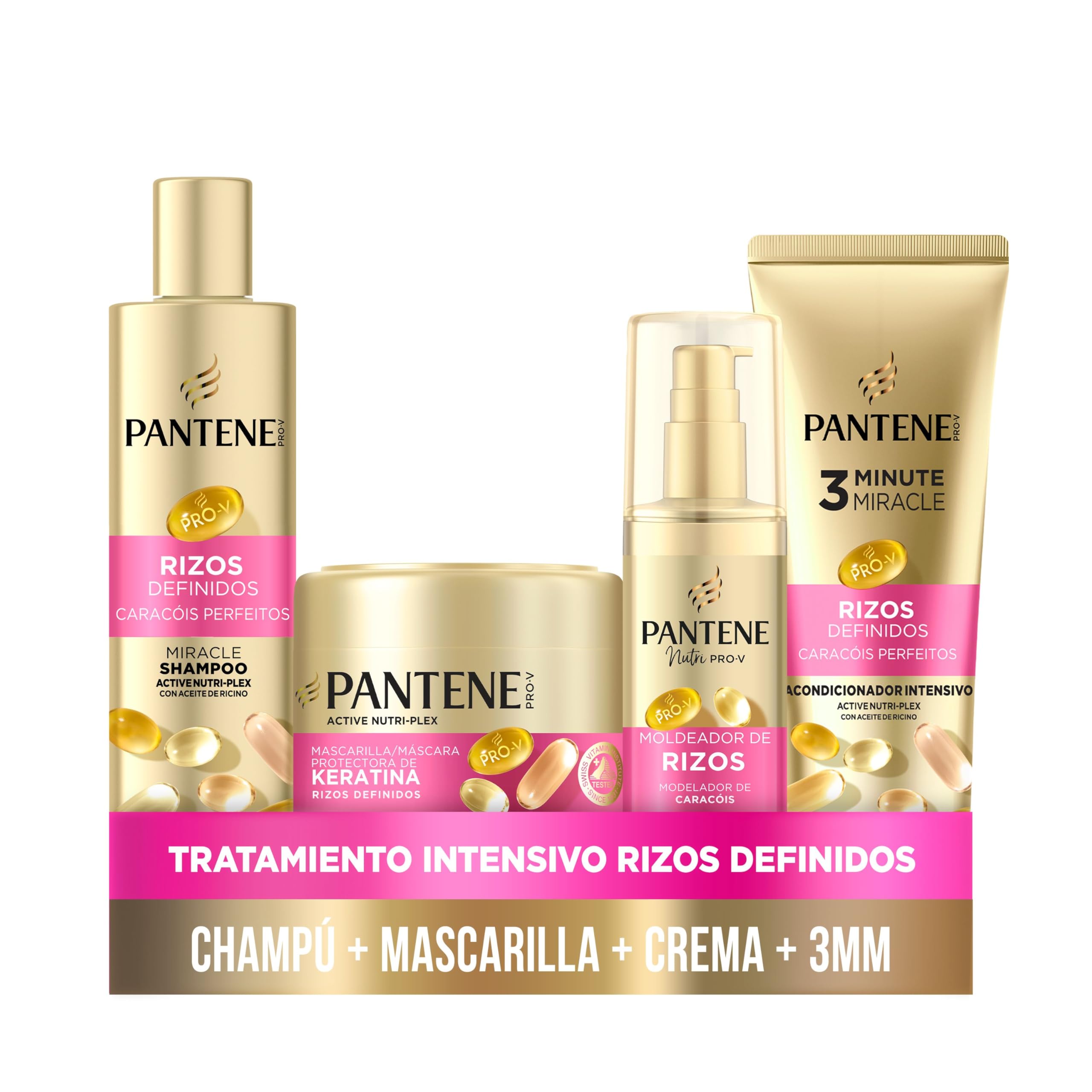 Pantene Rizos Definidos Champú Miracle 250ml, Mascarilla 300ml, Acondicionador 3MM 220ml, Moldeador De Rizos 145ml, Rizos Rebeldes Y Encrespados