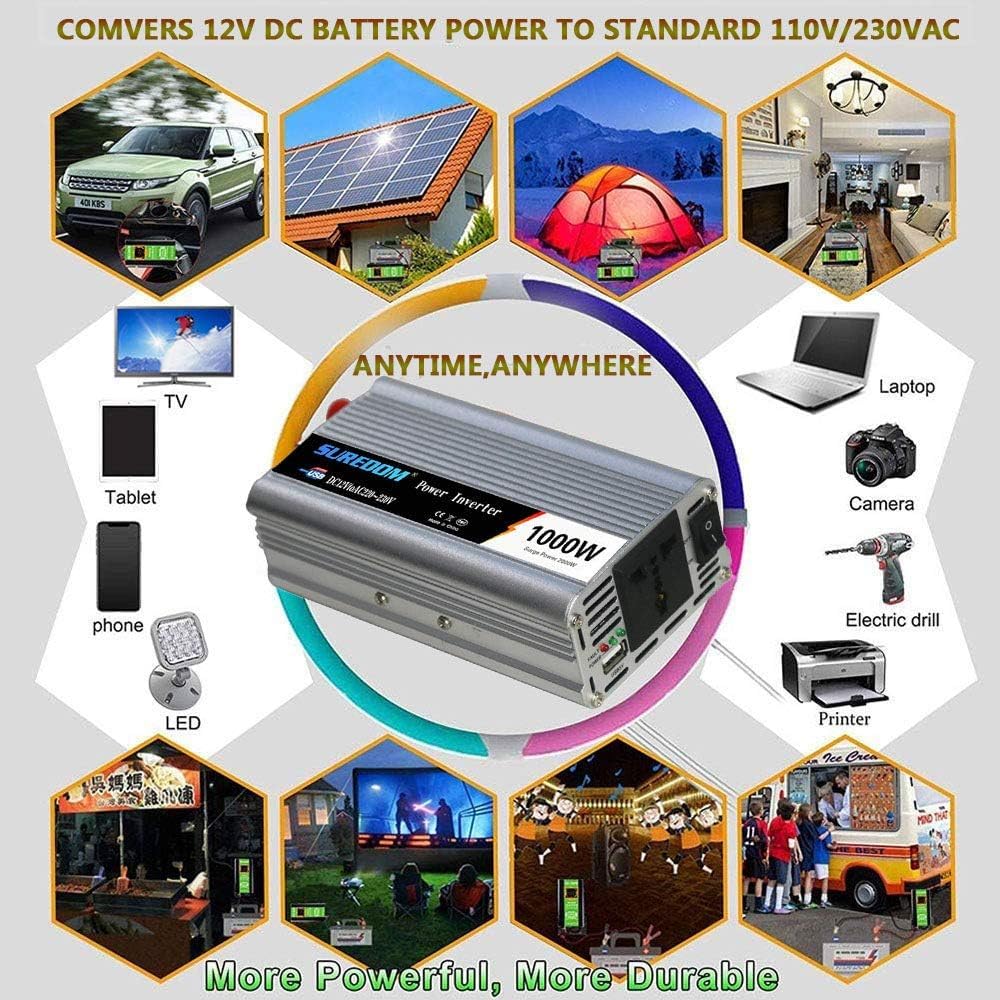 Inwerter 12v Na 110v, Konwerter Dc Na Ac Do Samochodu Przetwornice Mocy 1000 W Z Uniwersalnym Gniazdem Gniazdka Ac I Portem Usb Zawiera Przewód Wtykowy Zapalniczki I Zaciski Akumulato, 12Vto110V