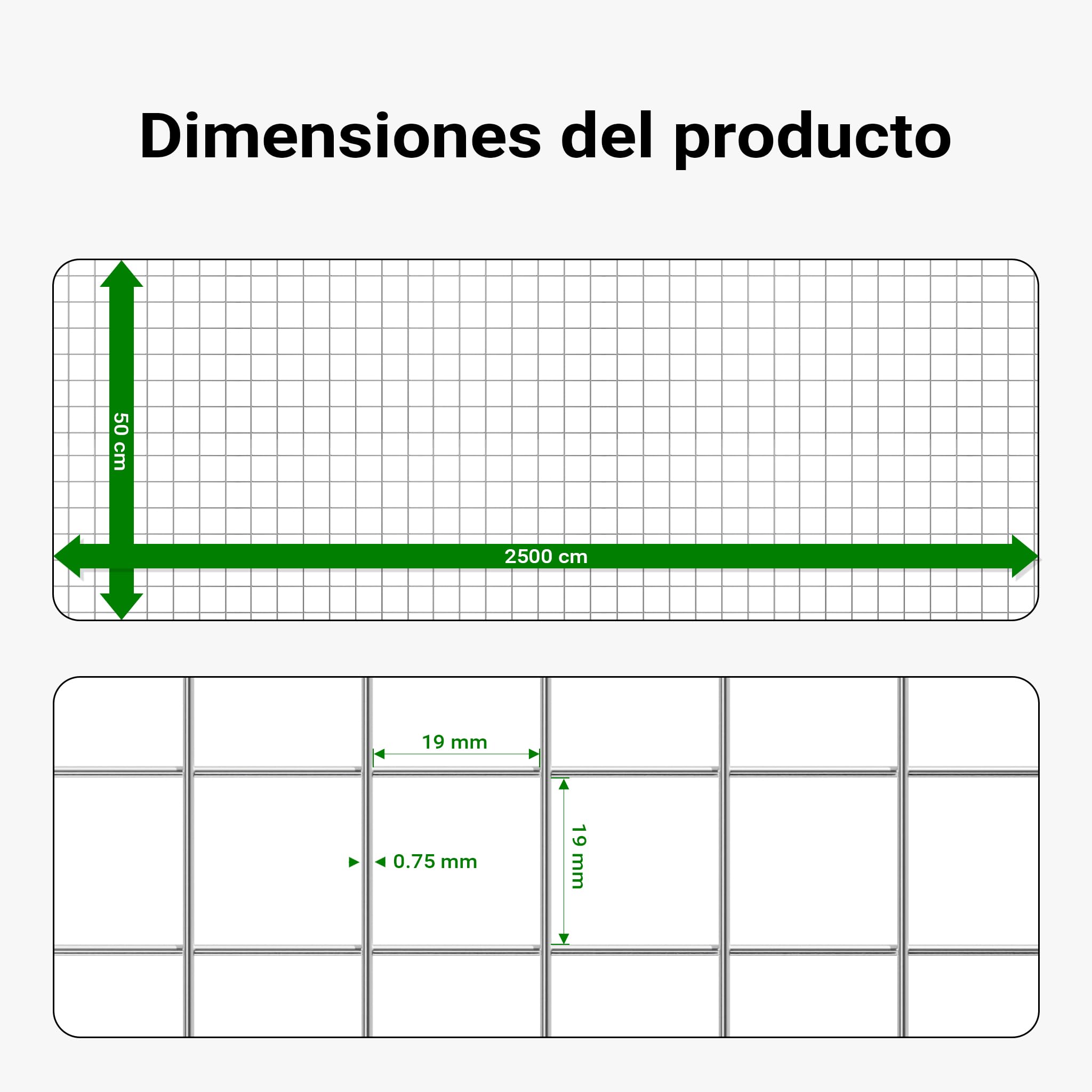 Malla de alambre cuadrada 19x19mm, rollo 25m, altura 50cm, acero galvanizado, cierres, gallineros