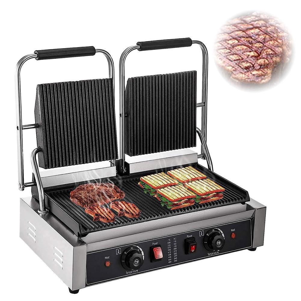 Double Heads Panini Grill Press, Commercial Sandwich Press, 220V Electric Sandwich Press Grill, 2200W Sandwich Press Maker Toaster, Toaster Sandwich Commercial Machine