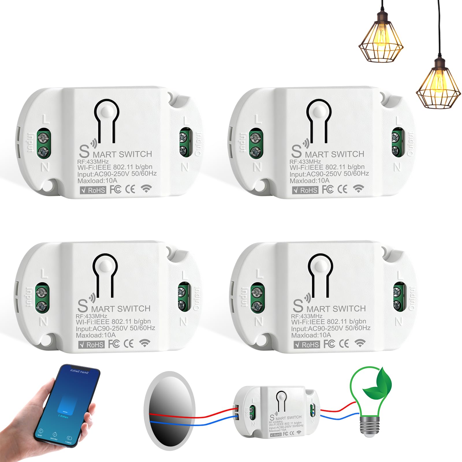 4 módulos de interruptor de luz inteligente, 10 A, interruptor inteligente WiFi Smart Life WiFi, módulo universal Smart WiFi, compatible con Alexa Google Assistant Tuya Smart DIY, empotrado