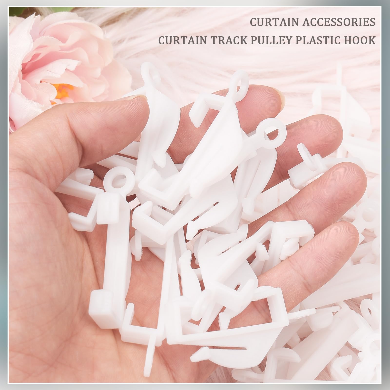 kuou 100 PCS Curtain Hooks, White Plastic Curtain Track Hook Gliders Rail Sliding for Track Window Shower - Image 2