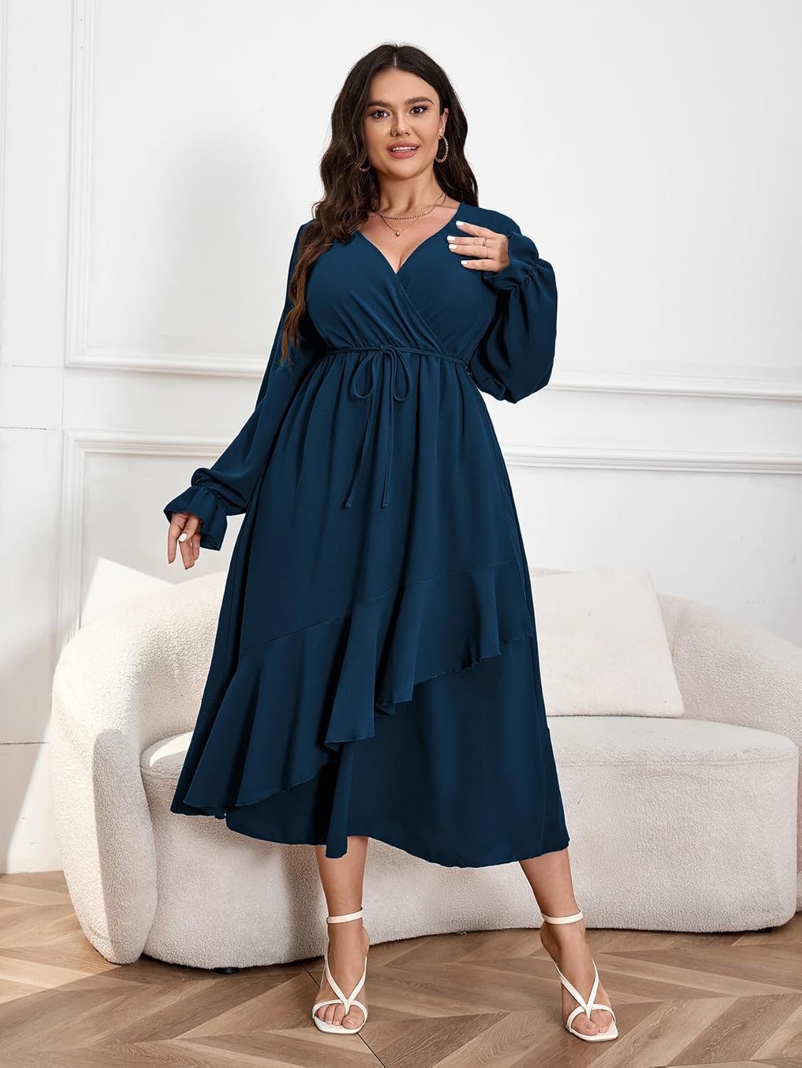 Womens Plus Size Wedding Guest Cocktail Maxi Dress Faux Wrap V Neck Long Sleeve Ruffle Hem Split Long Dress - Image 6