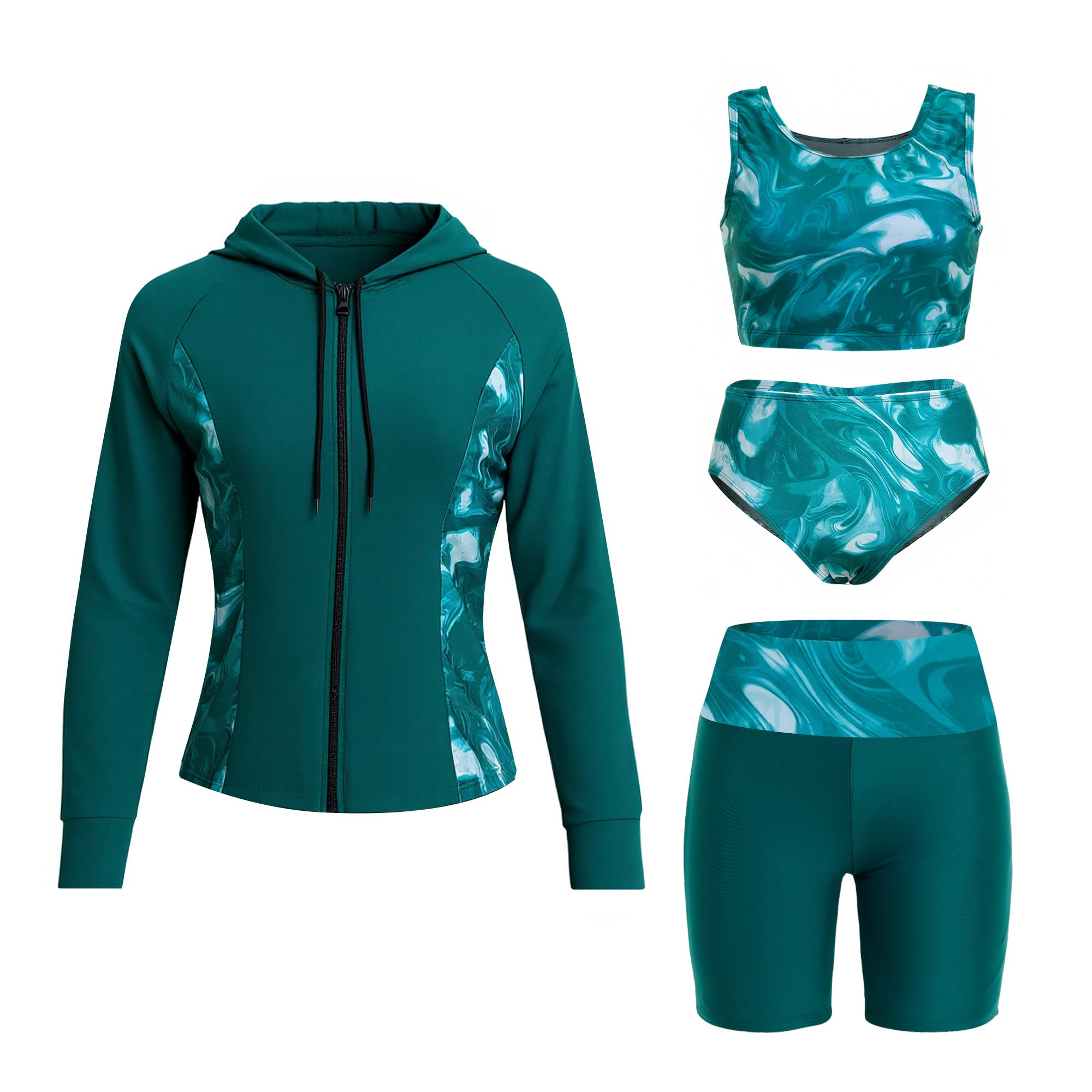 Owntop Camiseta de natación de manga larga para mujer, camiseta de natación con protección UV con brasier integrado, juego de 4 piezas para natación, surf y vacaciones en la playa