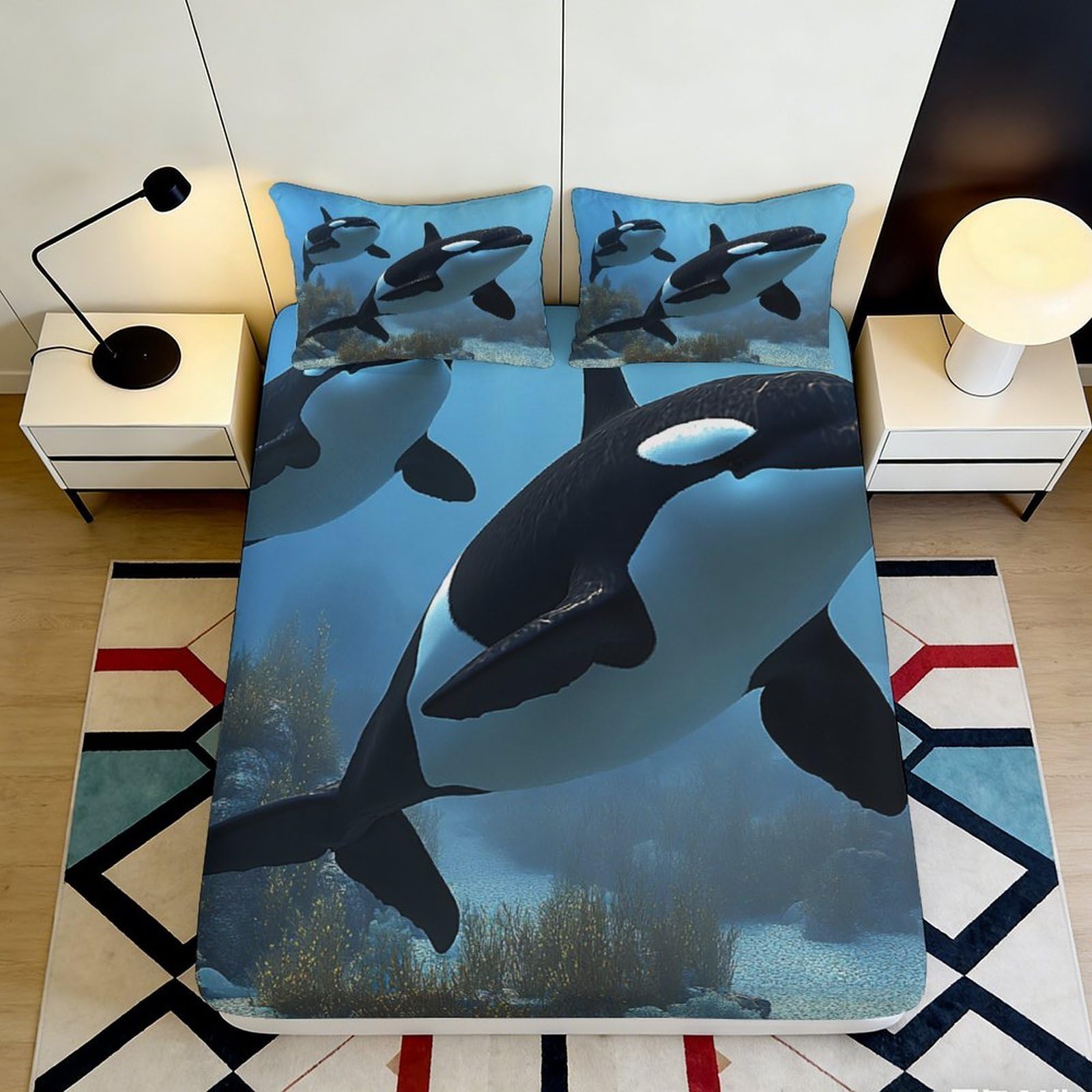 3D Printed Ocean Orca Fitted Sheet Microfiber Soft Breathable Underwater Whale Mattress Cover for Bedroom Guest Room Decor 160x200x25cm