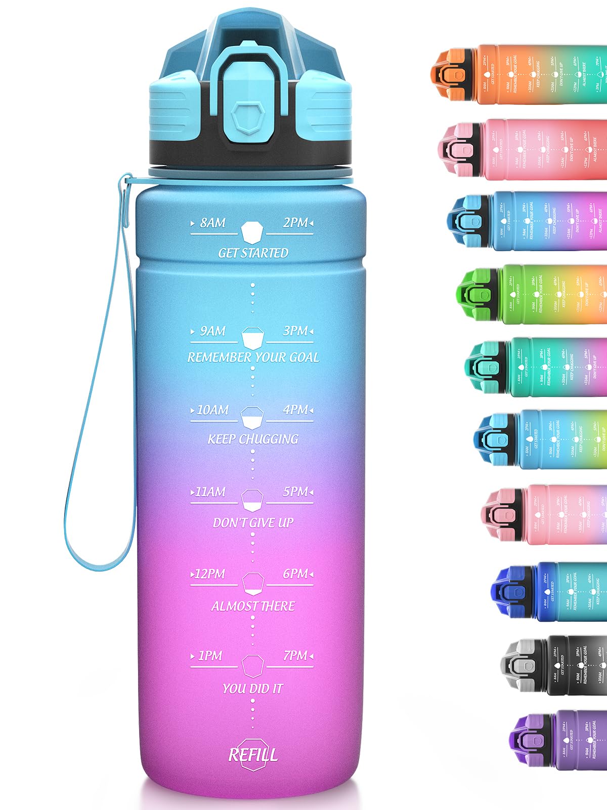 Niggeey Motivational Water Bottle with Time Marker, Sports Bottles 1.5l, 1l, 700ml, 500ml Kids Bottles, Leak Proof BPA Free Tritan Drink for School, Gym and Sport, Cycling, 24oz-bluepurple — image 1