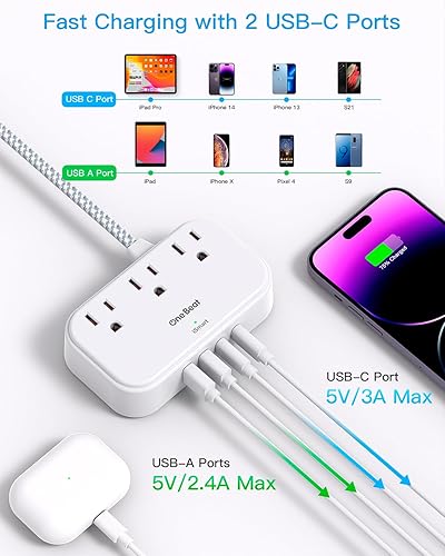 Miniatura 5 de Cruise Essentials, cable de extensión plano de 5 pies, 3 tomas, 4 puertos USB (2 USB C) regleta de alimentación de enchufe plano, estación de carga