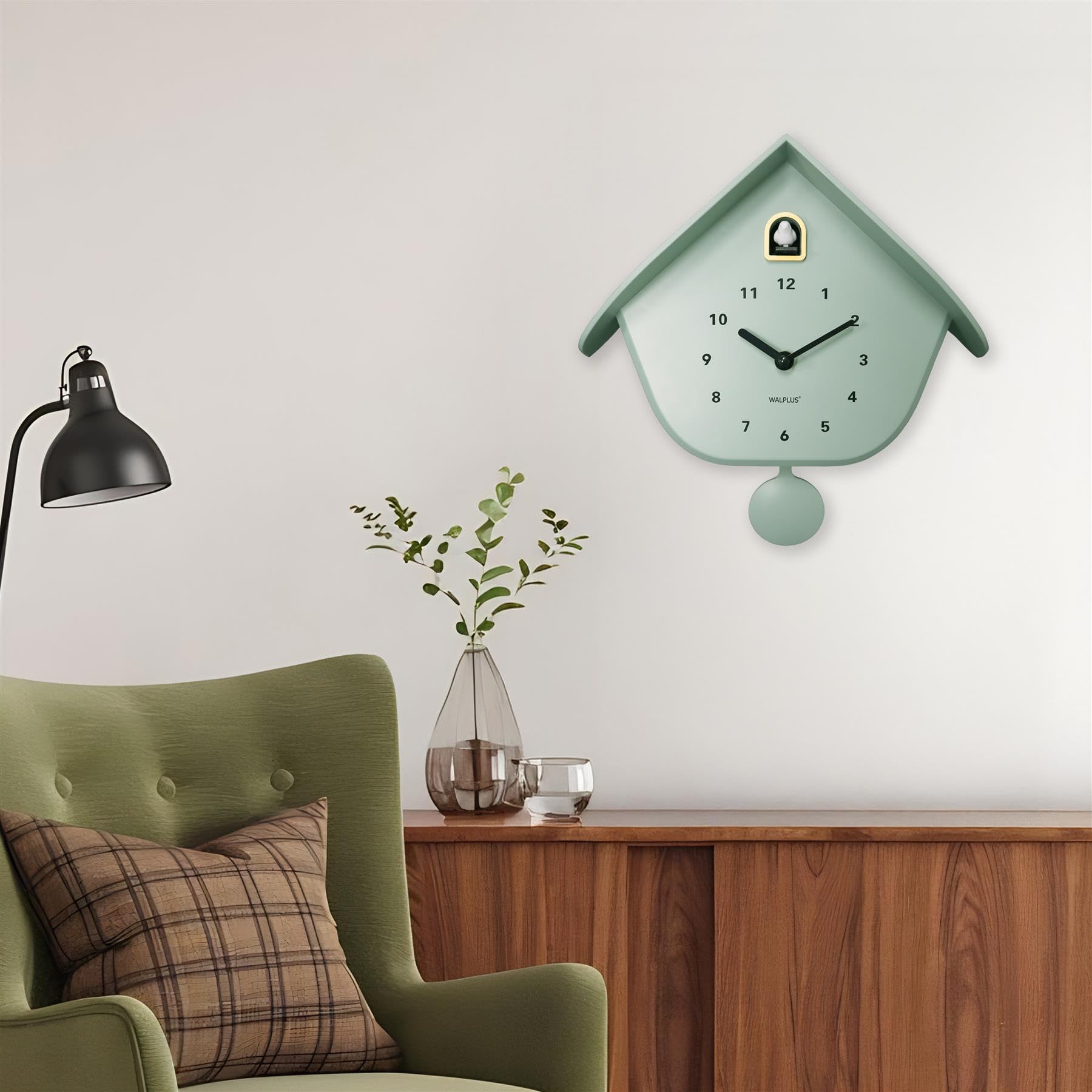 WALPLUS Horloge coucou vert menthe pastel 32,5 cm avec pendule amovible, motif nichoir à oiseaux, coucou blanc.
