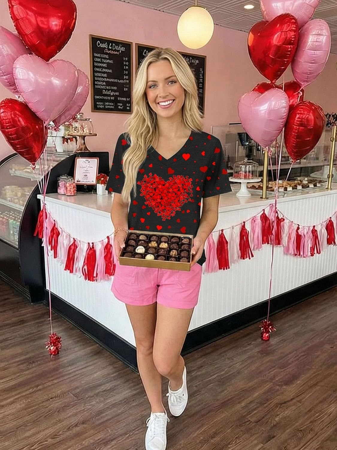 Valentine's Shirt for Women Funny Lover Heart Graphic Tee Valentine v Neck Print Casual Tops - Image 4