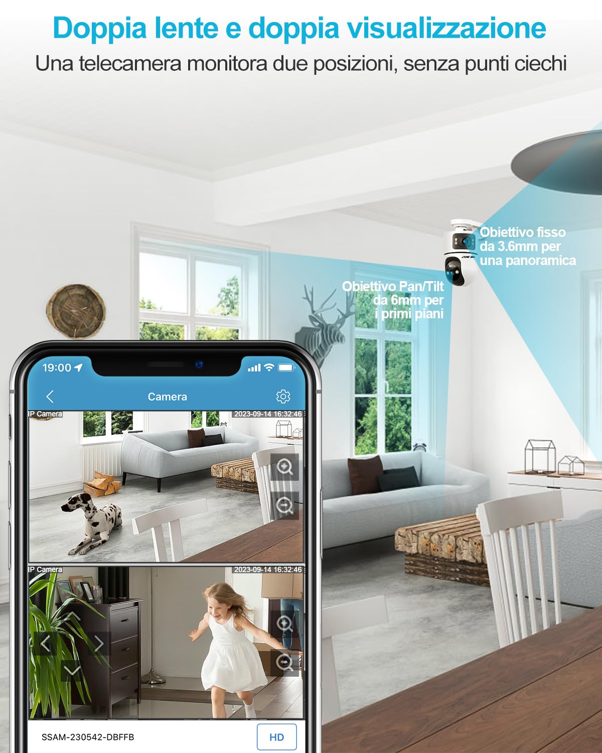 GENBOLT Telecamera di Sicurezza Wi-Fi Per Interni, Videocamera per neonati | 2MP+2MP, Vista a 360°, Rilevamento tramite IA, Baby Monitor, Audio bidirezionale, Tracciamento automatico, 2.4&5GHz