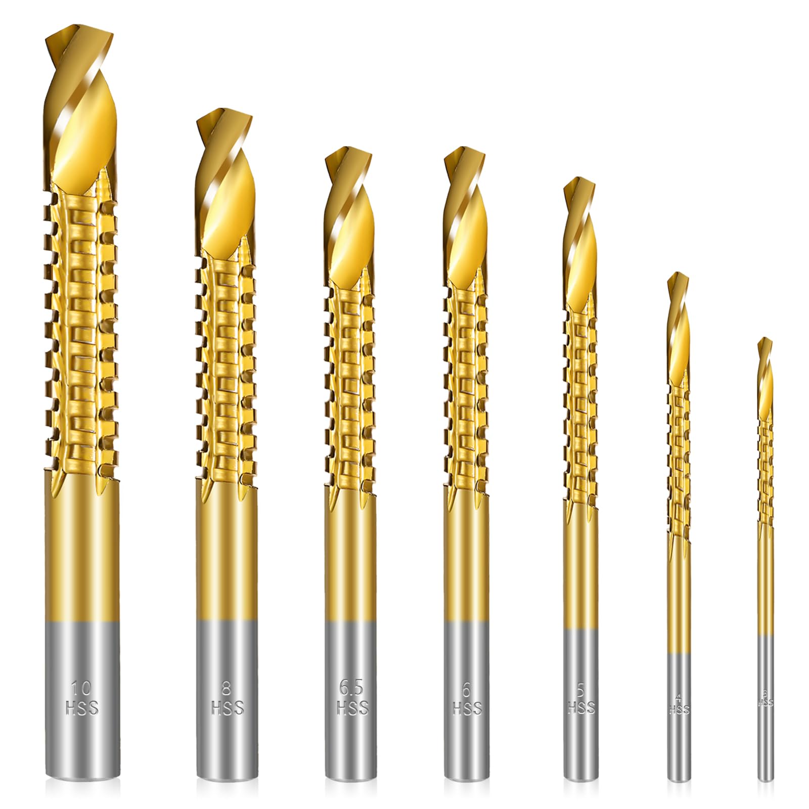 Mozeat LensTitanium Coated HSS Twist Drill Bits, 3-10mm Serrated Grooving Cutting Carpenter Side Cutting Tap Spiral Saw Drill Bit Woodworking Wood for Wood Metal Plastic Hole(7Pcs), Gold