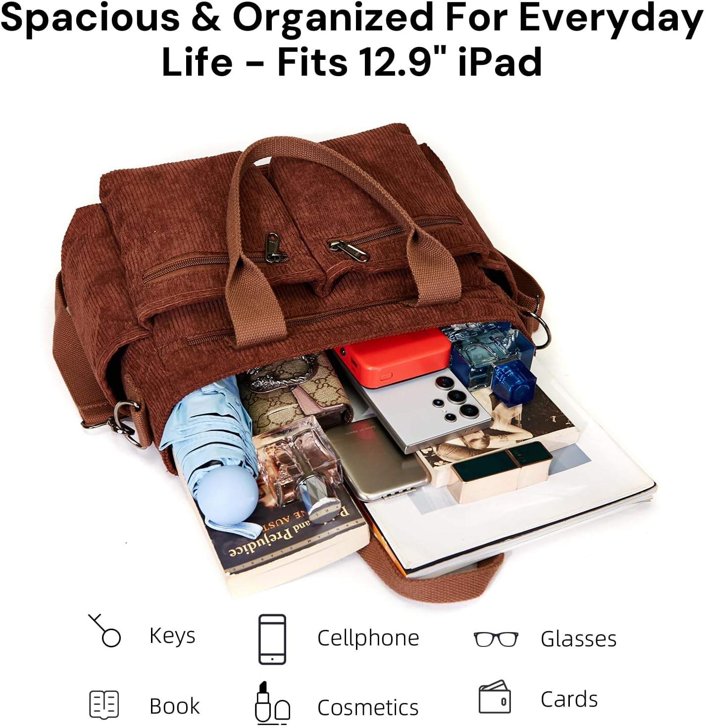 YDF Corduroy Tote Bag for Women Crossbody Purse with Zipper, Aesthetic Multi Pocket Work School Bag, Gifts for Mom Teacher - Image 6