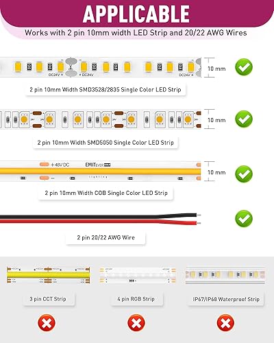 Miniatura 10 de EMITEVER Conectores de tira LED, 12 paquetes de conectores de luz de cinta LED, 2 pines, sin soldadura, tornillo de apriete, cinta transparente para